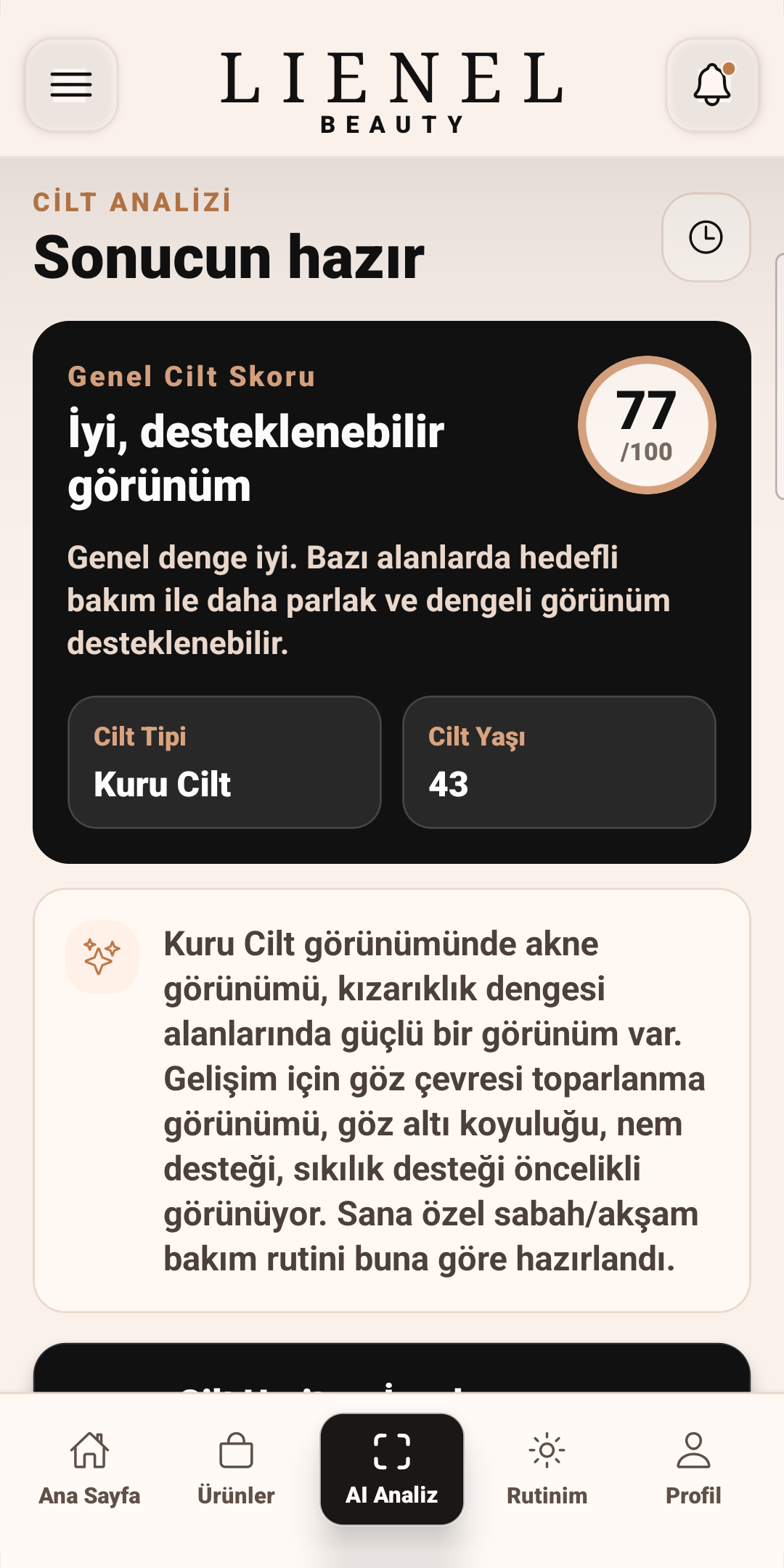 LIENEL uygulamasında cilt analizi sonucu